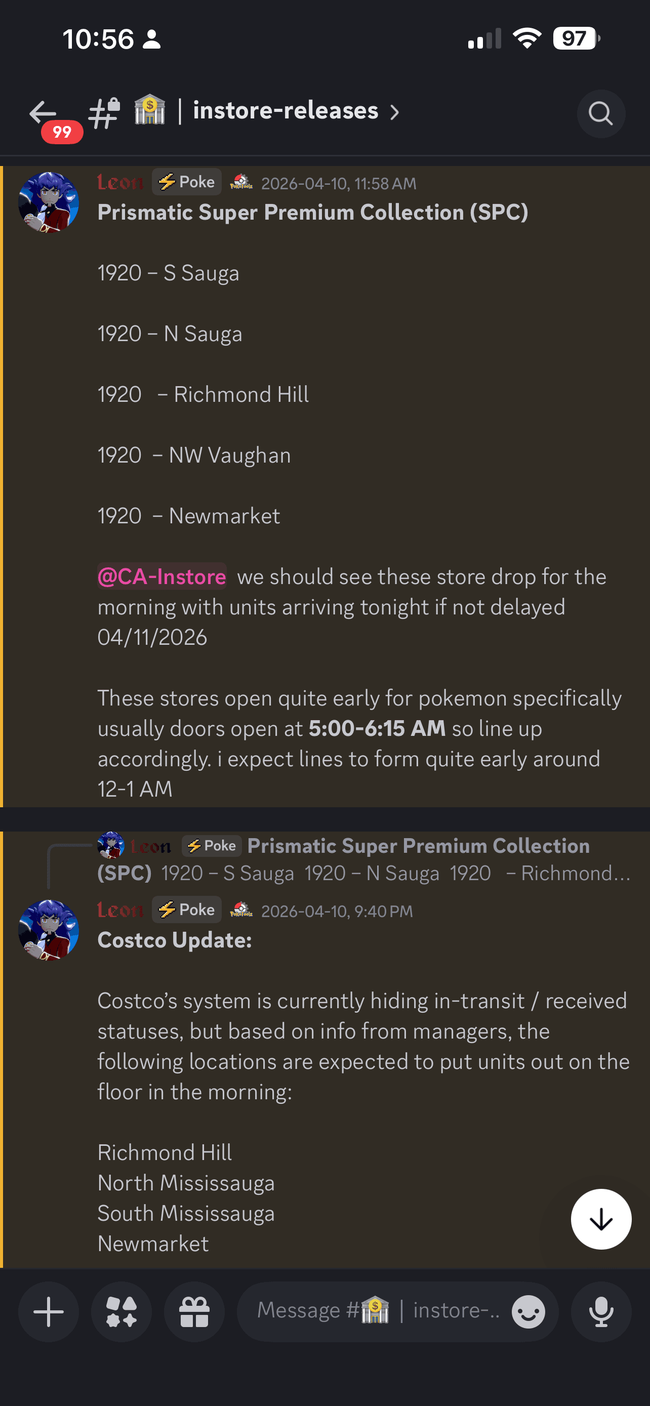 Discord in-store release screenshot showing Costco location notes and release timing context