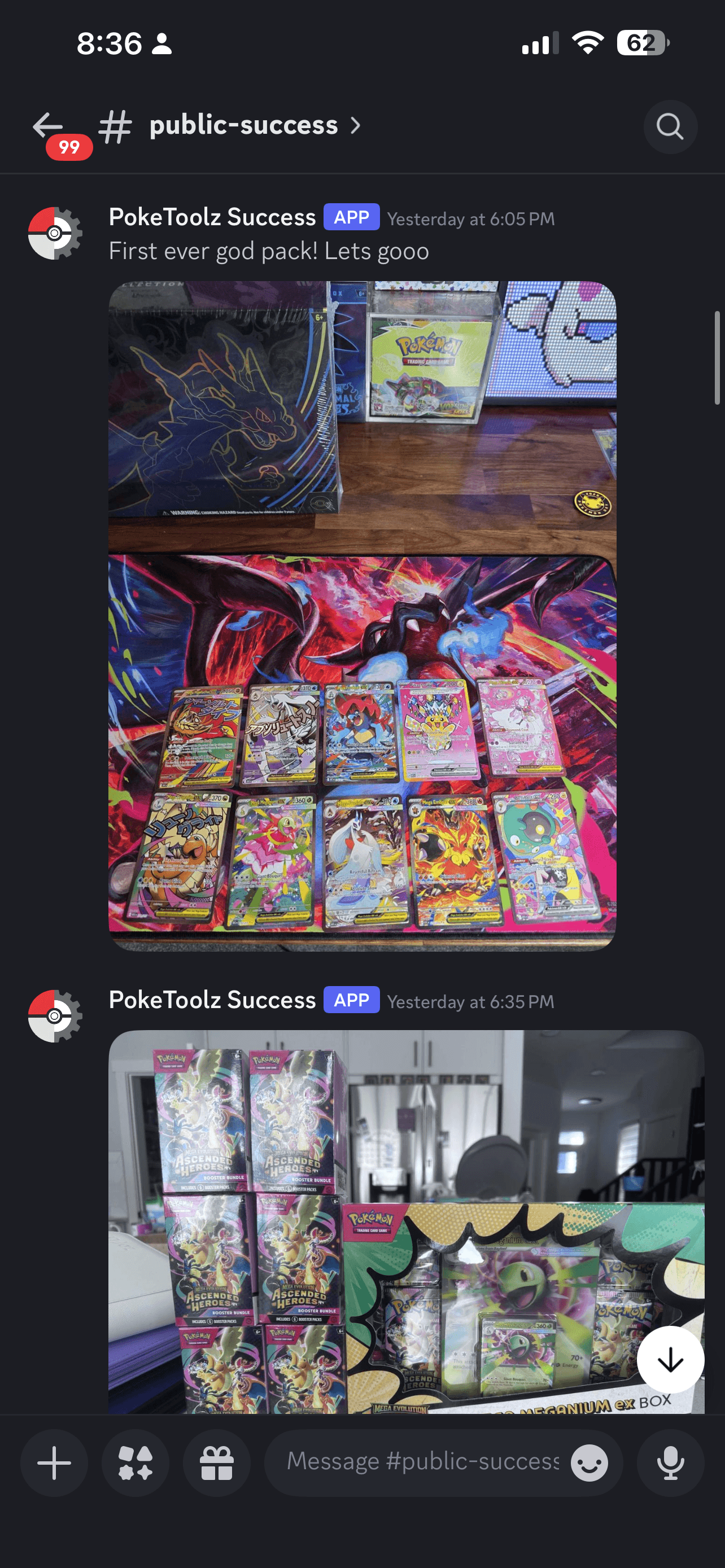 Member success screenshot showing a Pokemon card pull and sealed product shared in the public success channel